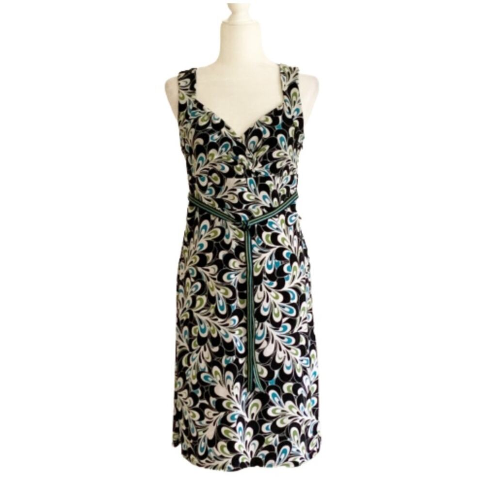 LOFT Dress Brown Blue Green Floral Sleeveless Ribbon Belted Dress Size 6